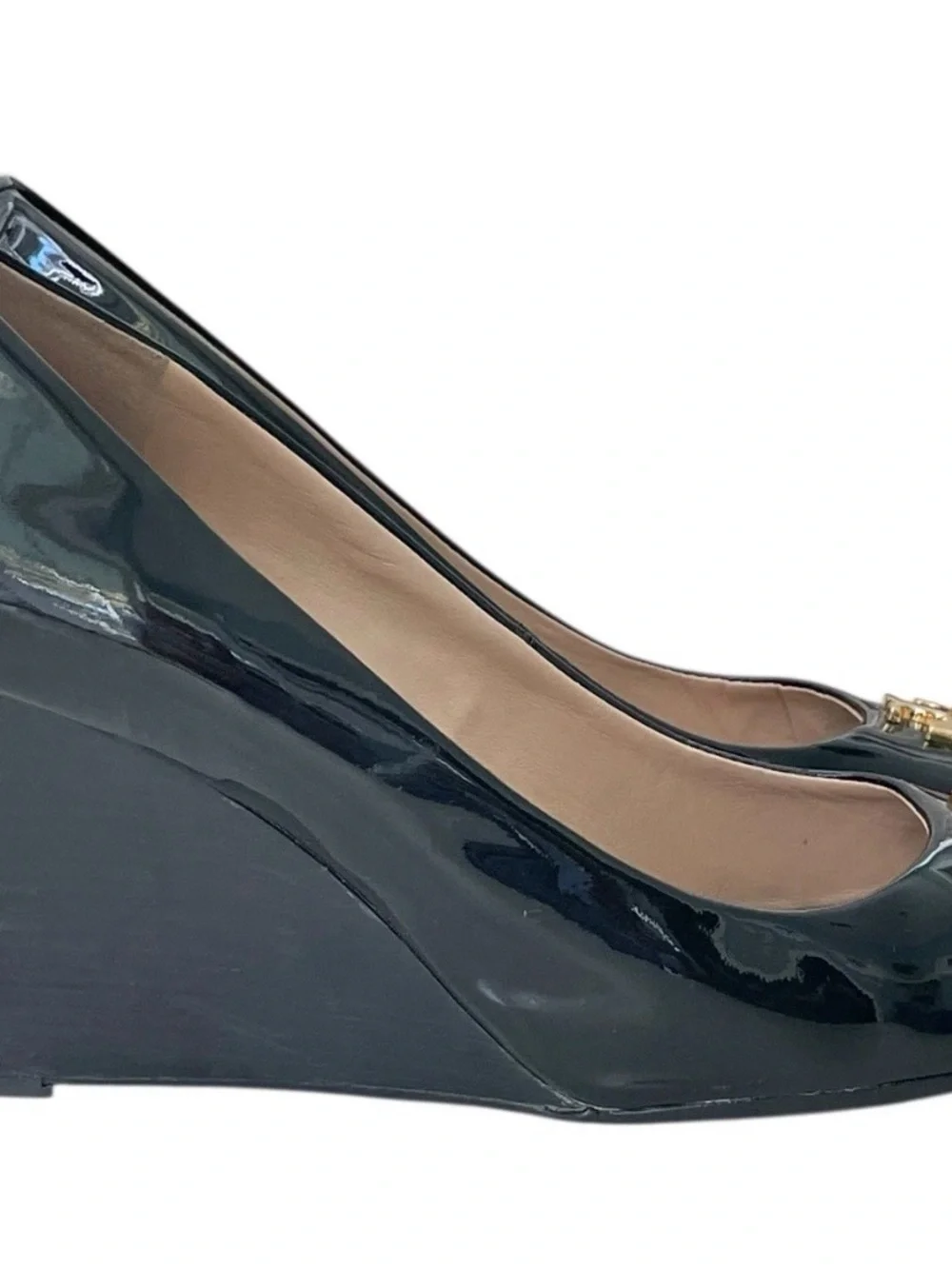 Tory Burch Black Patent Leather Peep-Toe Wedge with Gold Logo